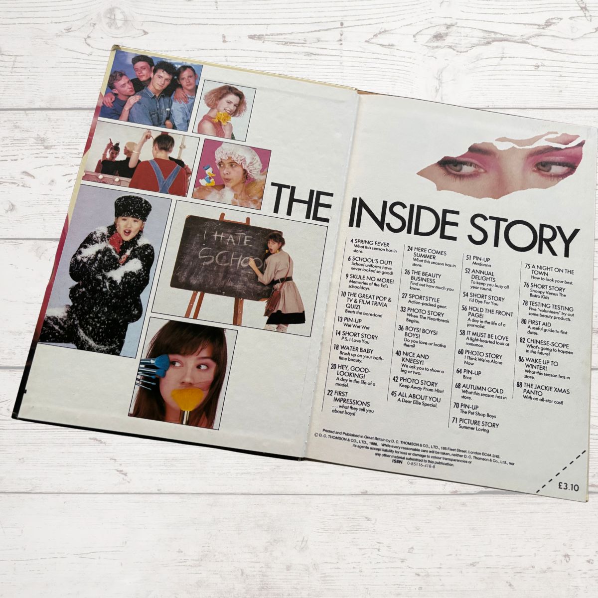 Vintage Jackie 1989 annual, open on a contents page on a white background