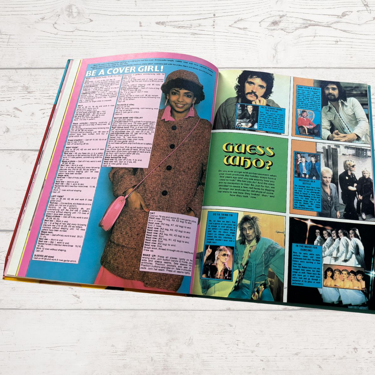 Open book with vintage magazine layout featuring a cover girl and 'Guess Who?' section.