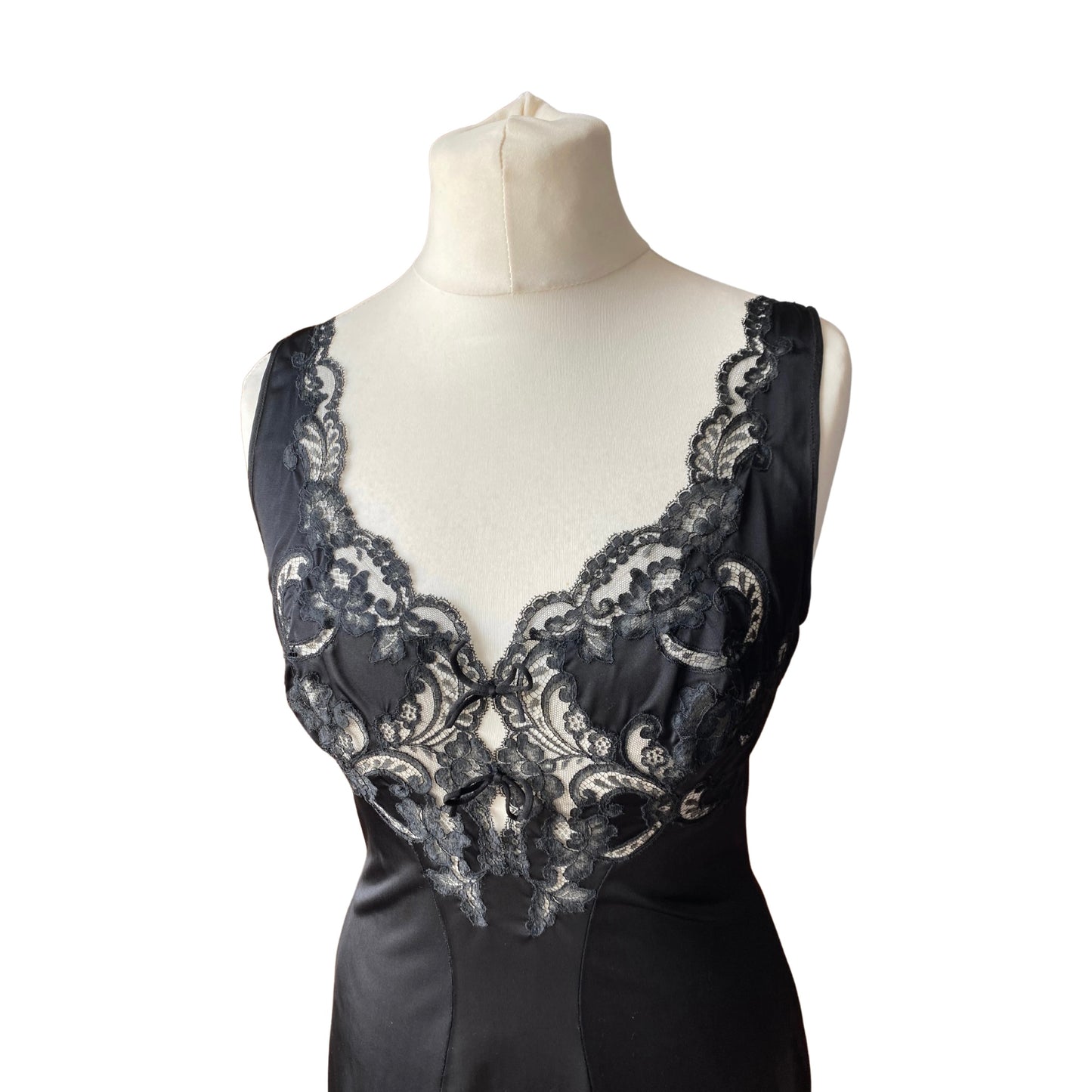 60s black lace trimmed silky Italian slip. Approx U.K. size 12-14