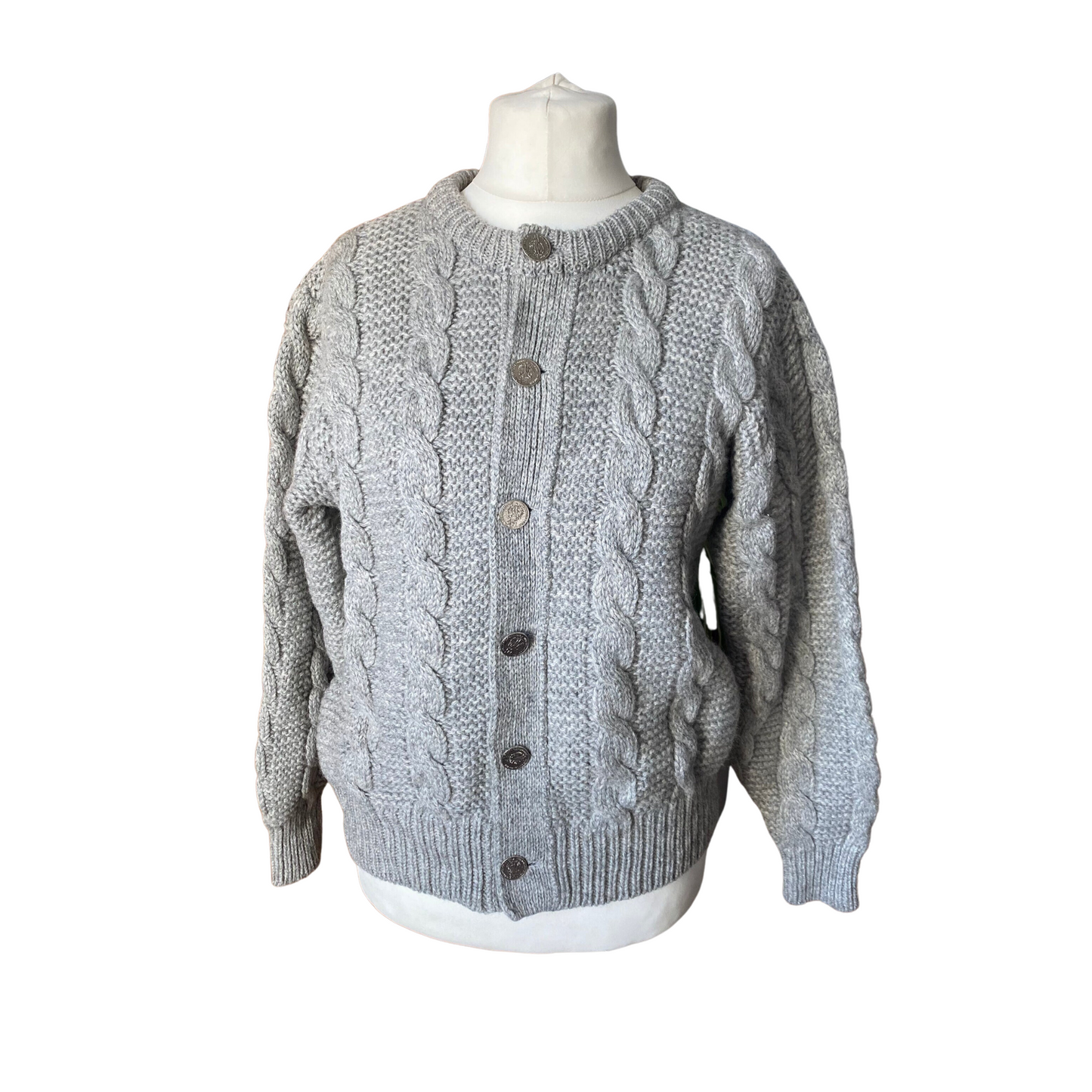 Vintage grey chunky knit wool cardigan with silver coin buttons. Approx UK size 10 -16