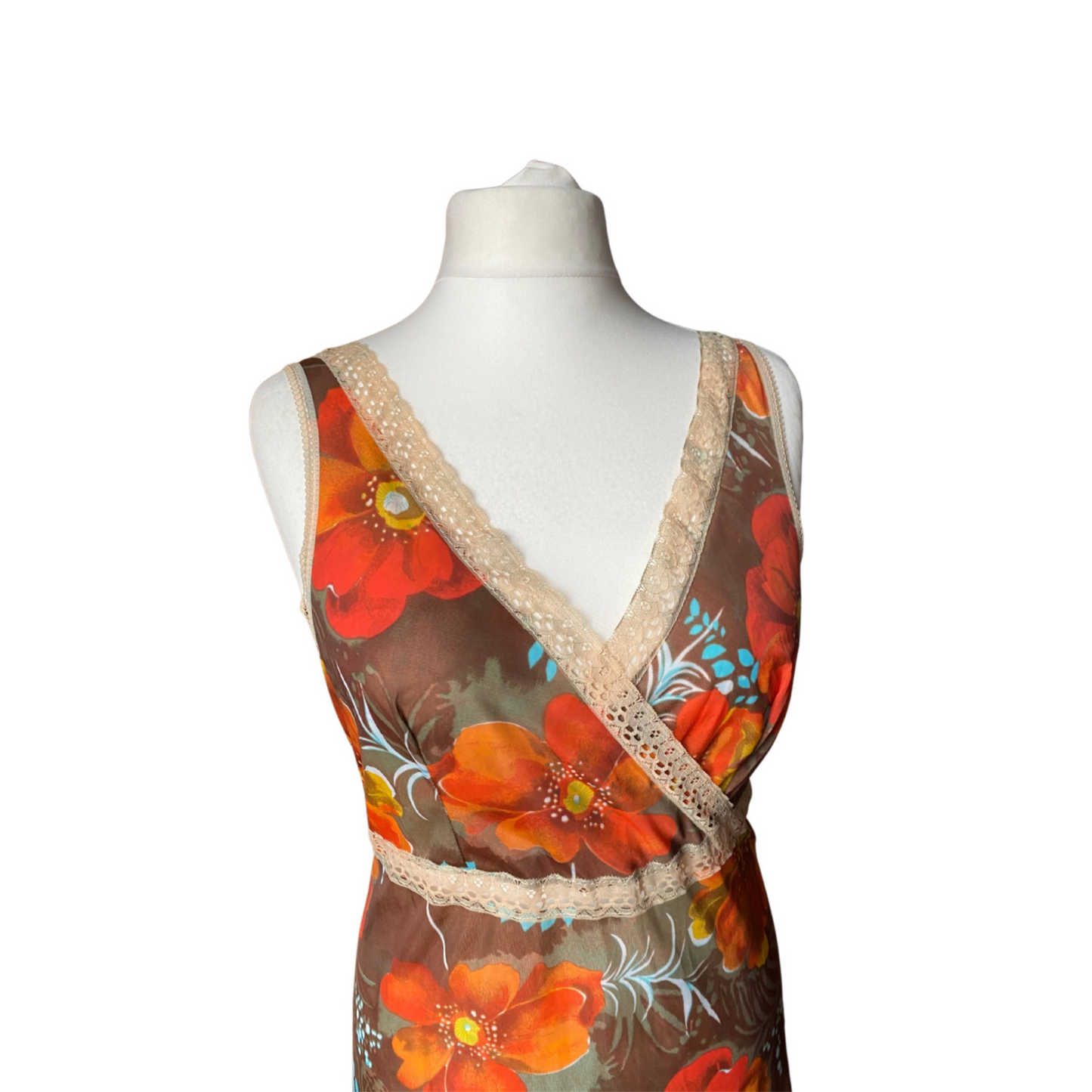 70s orange flower print, lace trimmed slip dress. Approx UK size 18-20