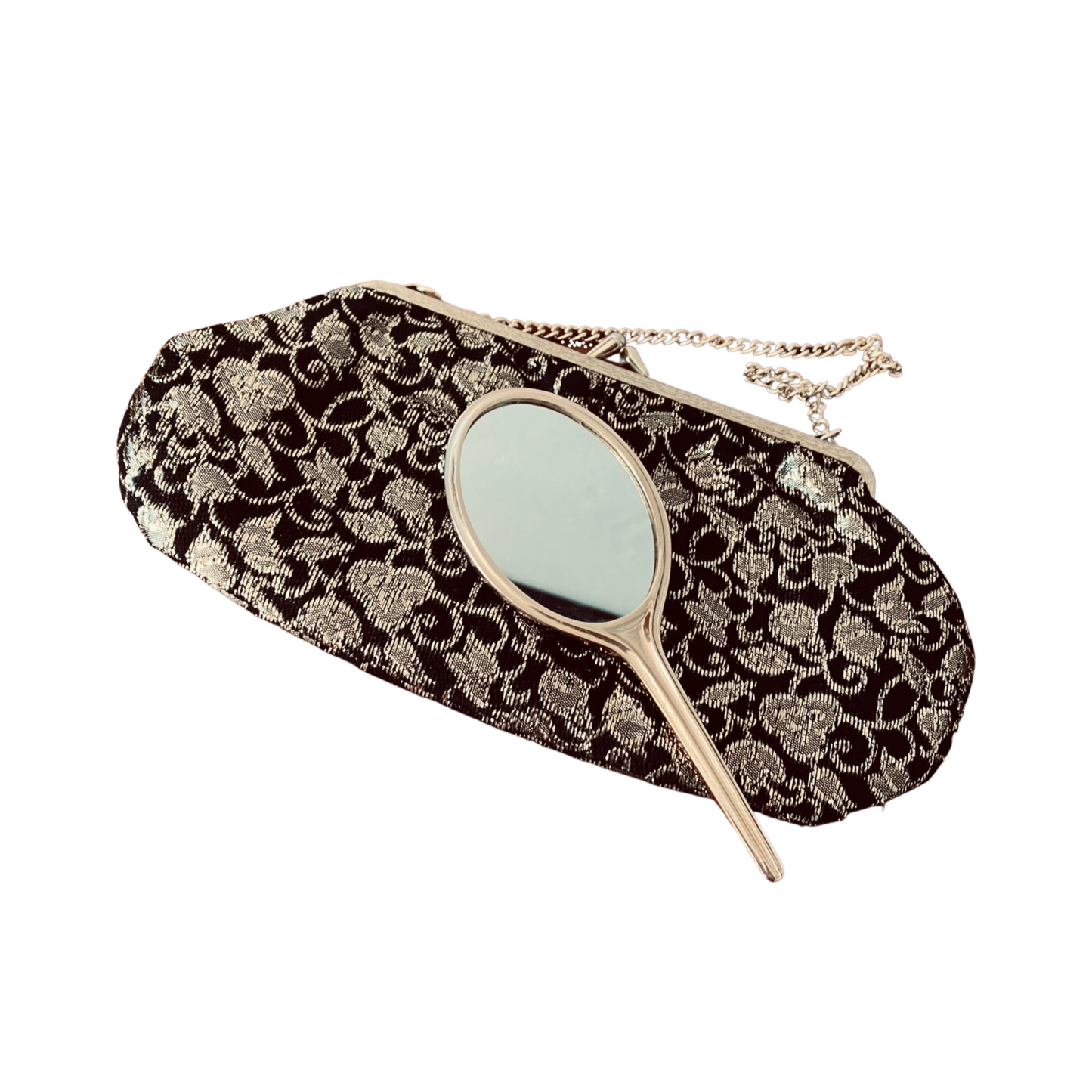 60s black and gold sparkly floral print handbag with matching mini hand mirror. Great gift idea.