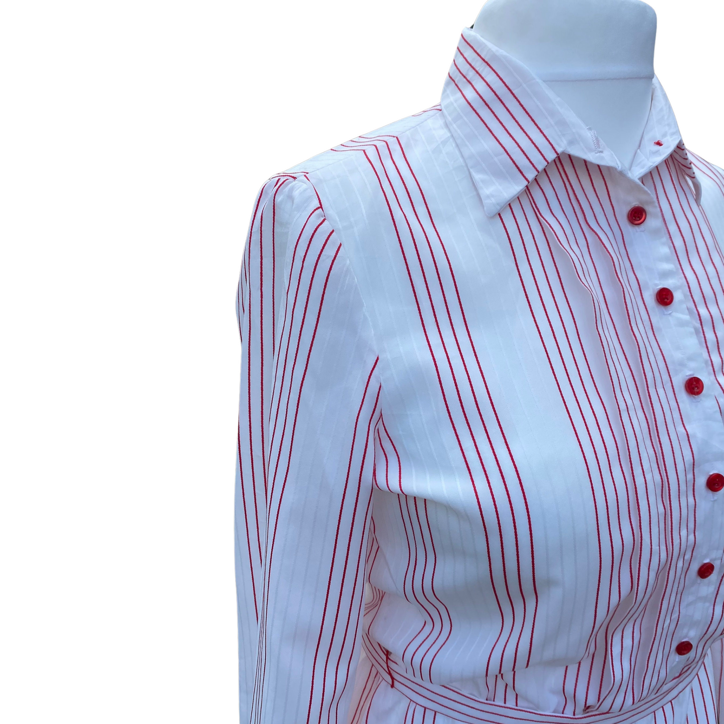 70s /80s white and red striped dress with matching belt by Kay Windsor. Approx UK size 14-16
