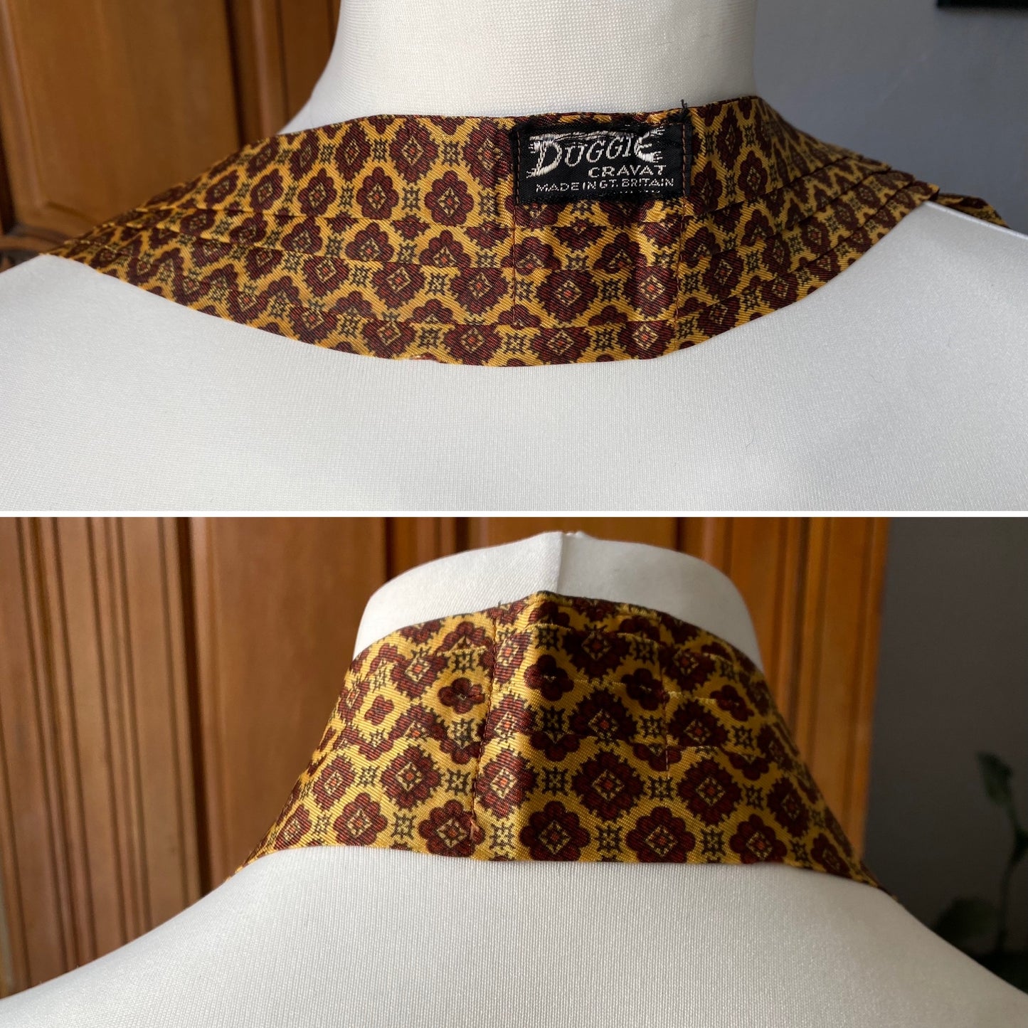 Mod style yellow, red and black abstract floral print vintage cravat by British brand Duggie