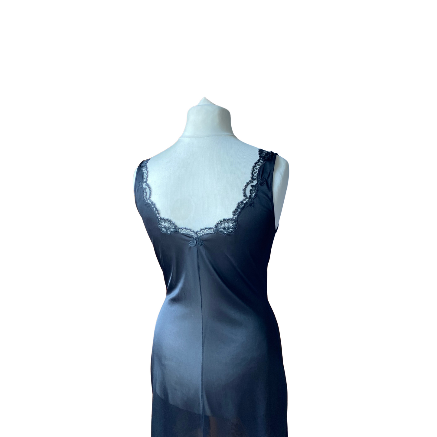 60s black lace trimmed silky Italian slip. Approx U.K. size 12-14