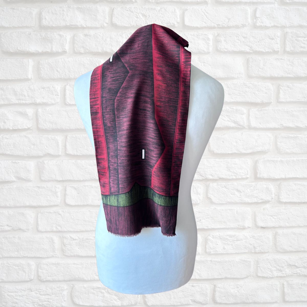 1960s Mod Style Burgundy, Red Green Abstract Print Vintage Men’s Scarf with Fringing.
