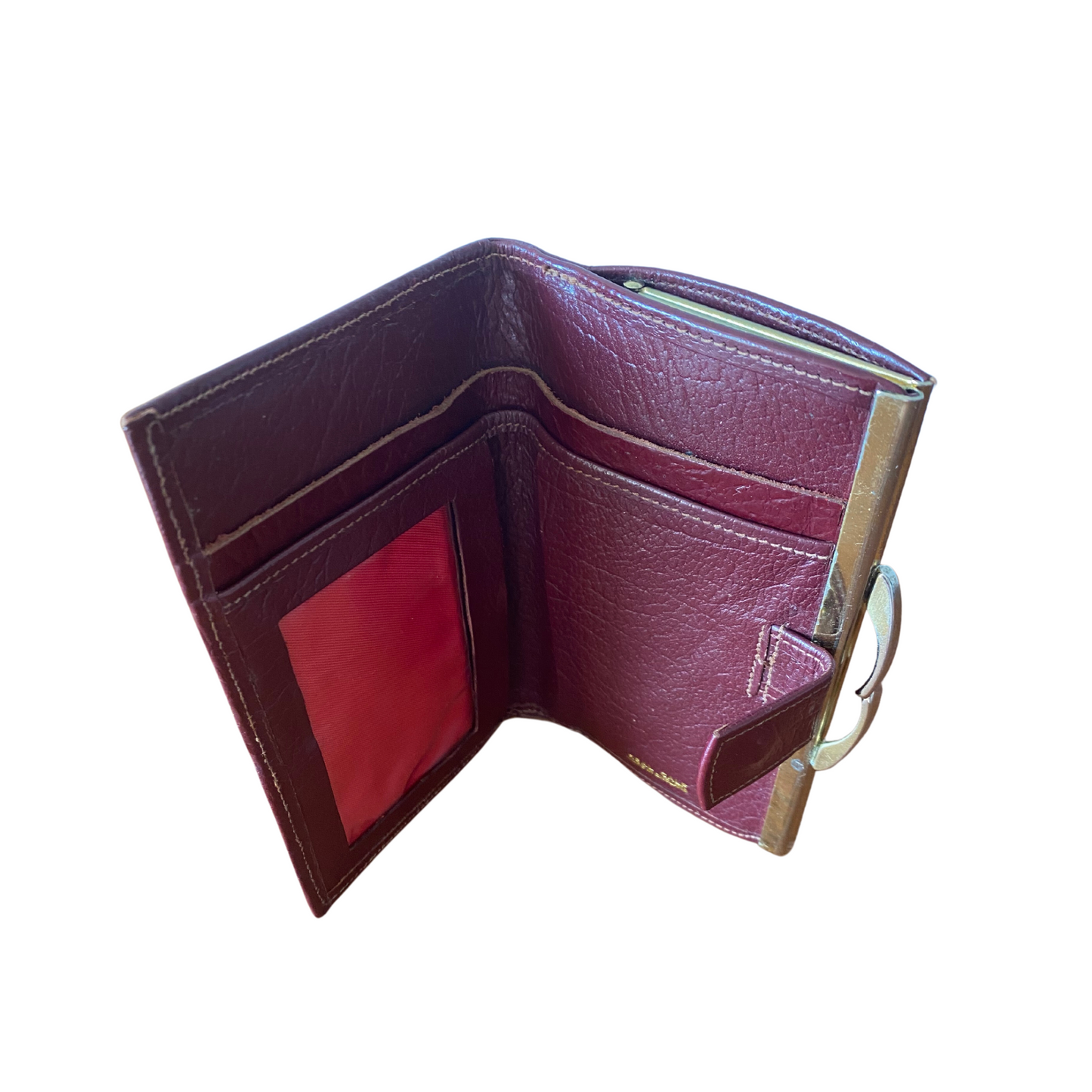 British-made red leather purse/wallet with ample space for essentials including a display pocket