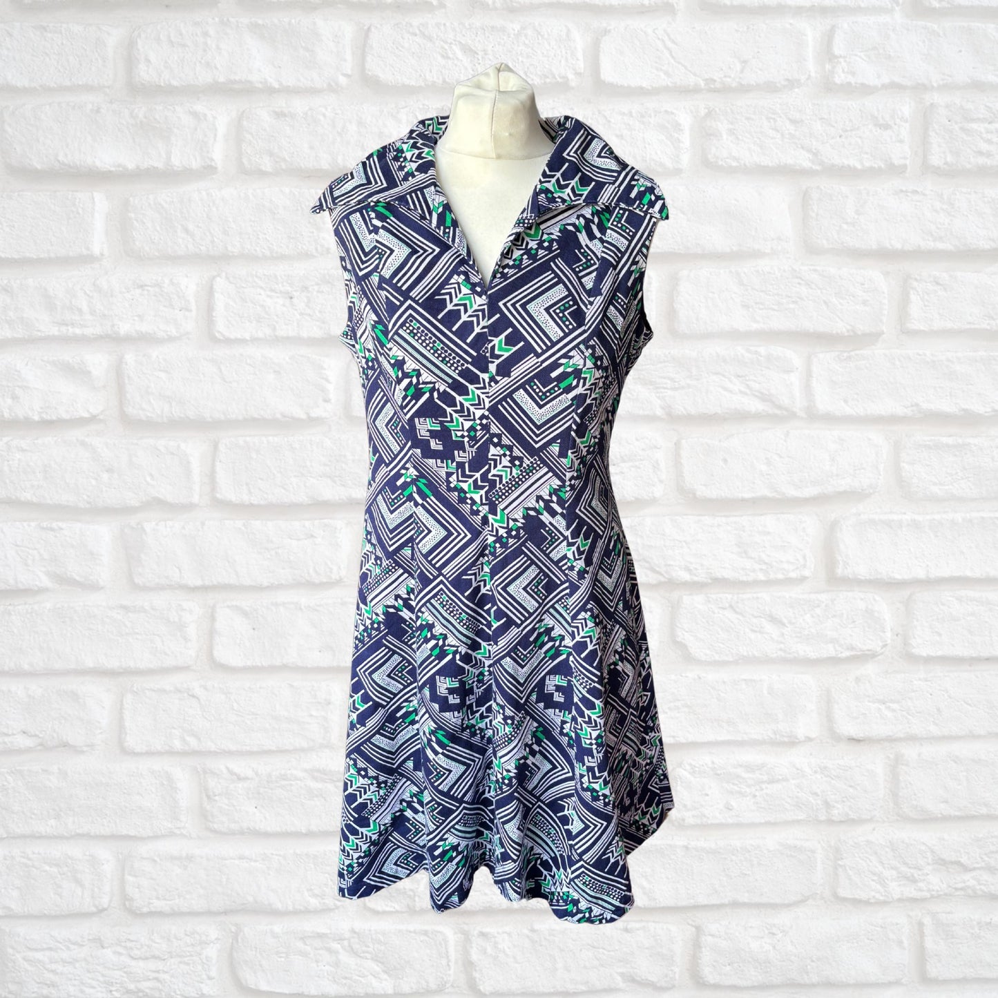 60s/70s Navy Blue Geometric Print A-Line Mini Dress. Approx UK size 10-12