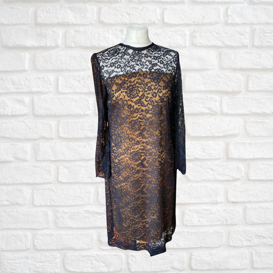 60s Vintage Black Lace Long Sleeved Shift Dress. Approx  U.K. size  8-10