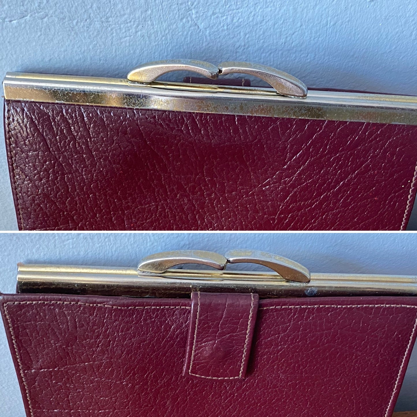 Elegant burgundy leather wallet with a vintage-inspired kiss lock frame
