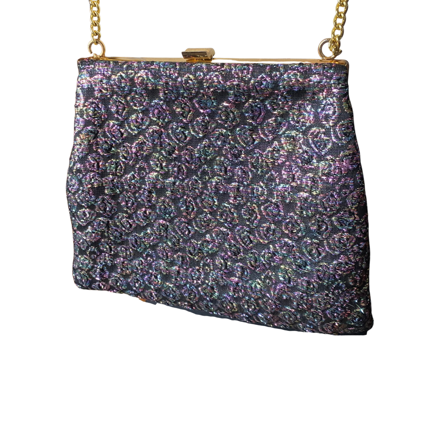 Vintage sparkly rainbow floral fabric evening bag with gold clip frame. Perfect Christmas accessory. Gift idea
