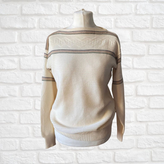 Elegant 70s vintage Cream Striped Boatneck Jumper. Approx U.K size 10-14