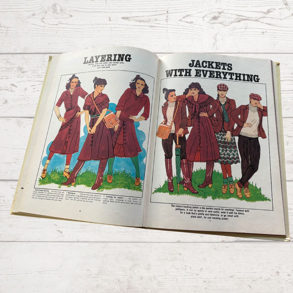Open book showing illustrations of women wearing red jackets with text on a wooden surface