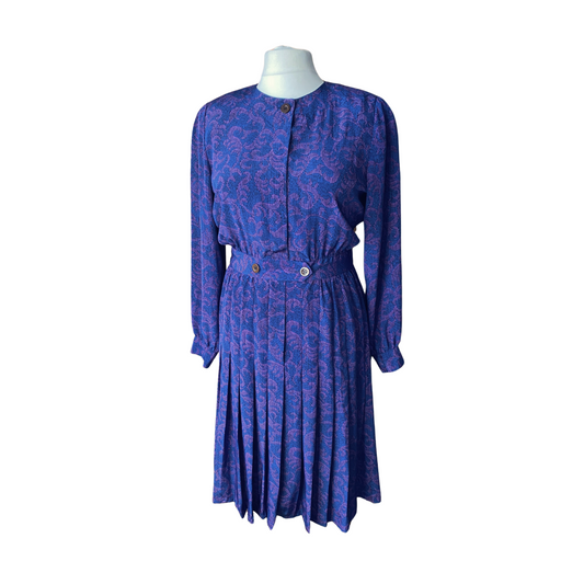 Vintage Liz Claiborne Blue and Purple Abstract Print 80s Midi Dress.Approx UK size 14