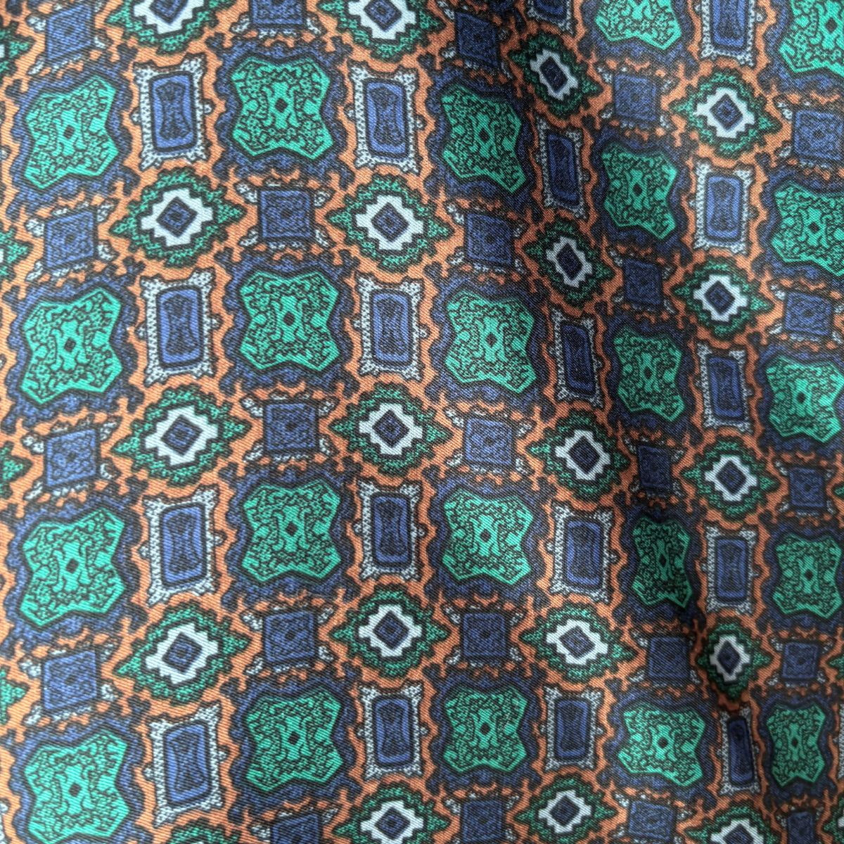 1960s Mod Style Wool and Silk Men’s Dark Blue Geometric Paisley Print Vintage Scarf with Fringing
