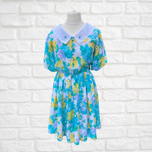 80s Green Cotton Floral Vintage Dress with Puffed Sleeves. Approx UK size 10-12