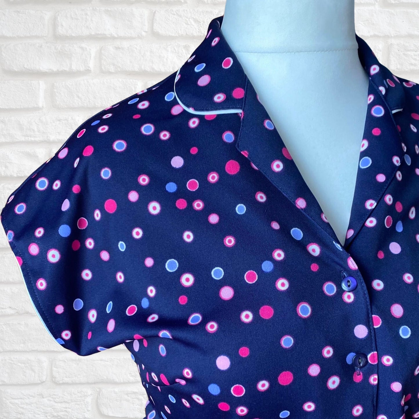 80s Navy Blue, Purple and Pink Polka Dot 40s Style Dress. Approx U.K. size 14-16