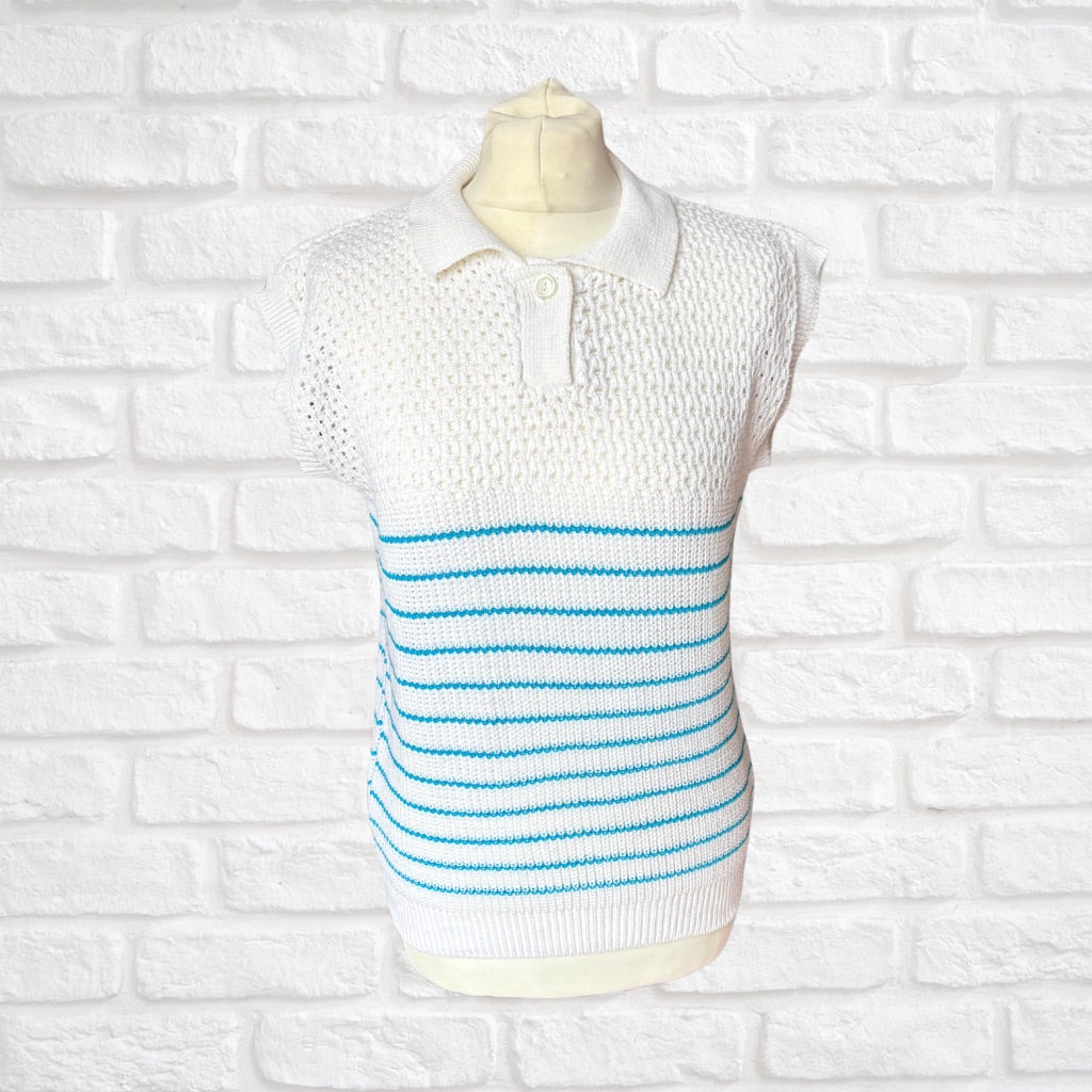 80s Vintage White and Blue Striped Summer Top. Approx UK size 8-10