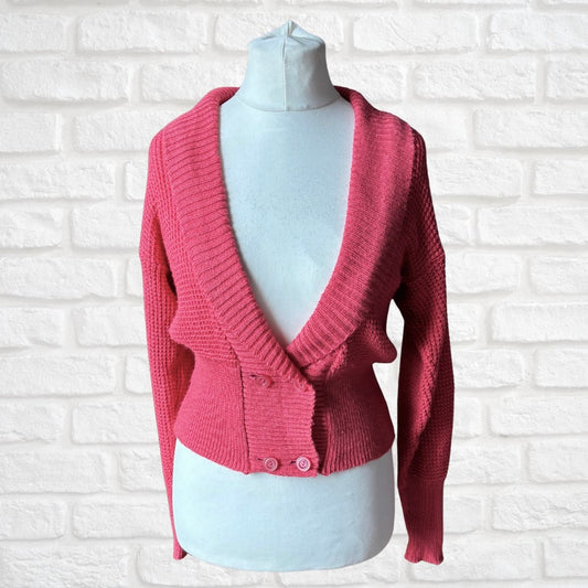 Vintage 80s Dark Coral Pink Blouson Cardigan with Textured Knit . Approx UK size 8-12