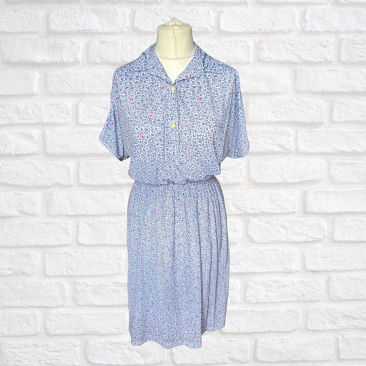 Vintage 80s White, Blue & Pink Midi Dress with Short Batwing Sleeves .Approx UK size 14-16