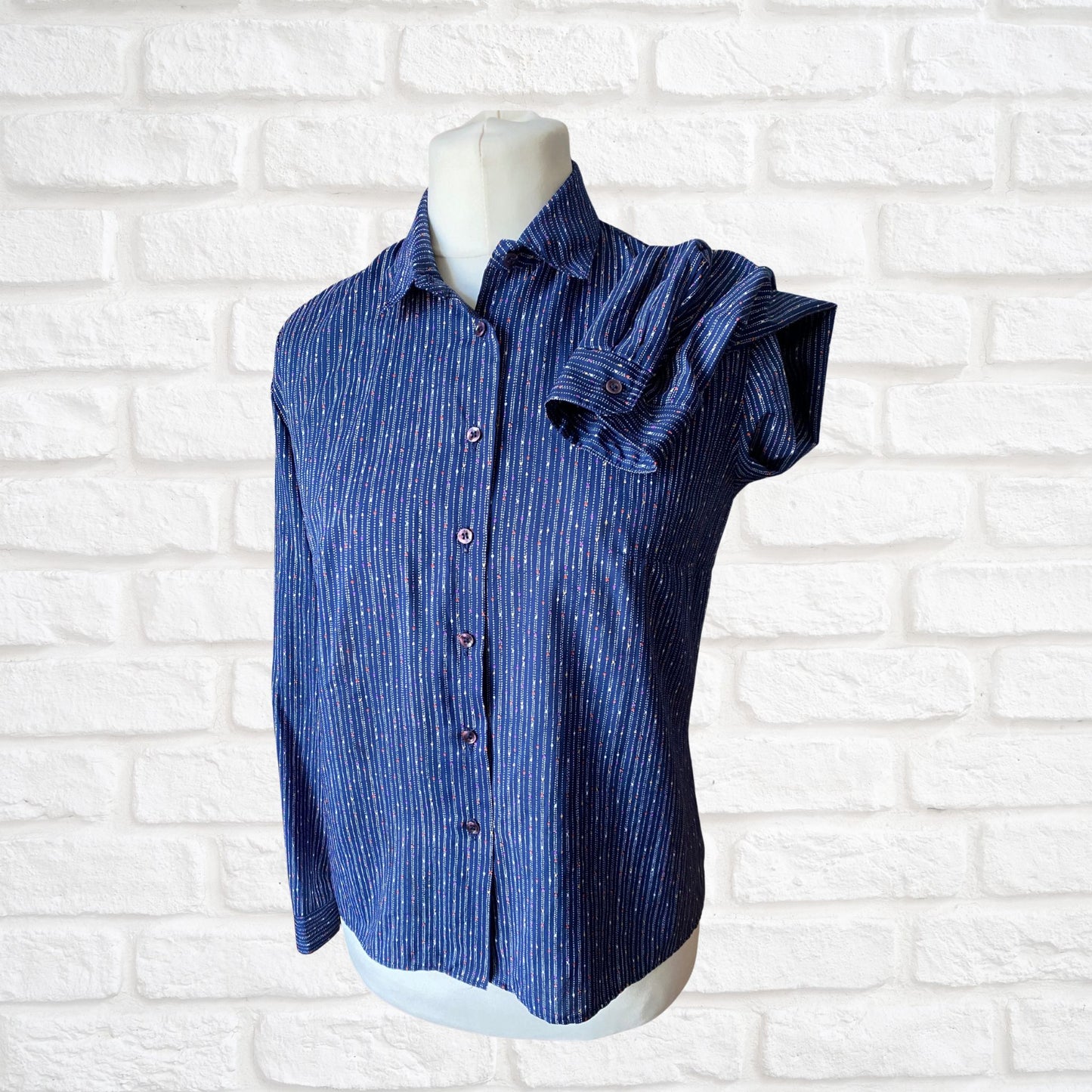 80s Blue Vintage Blouse with a Multicoloured Polka Dot and Striped Print. Approx U.K. size 12-16