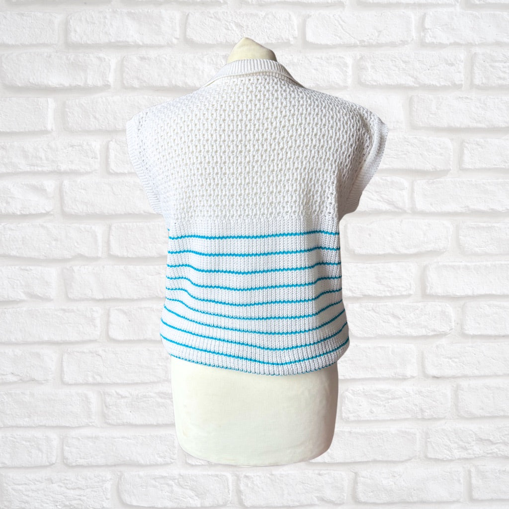 80s Vintage White and Blue Striped Summer Top. Approx UK size 8-10