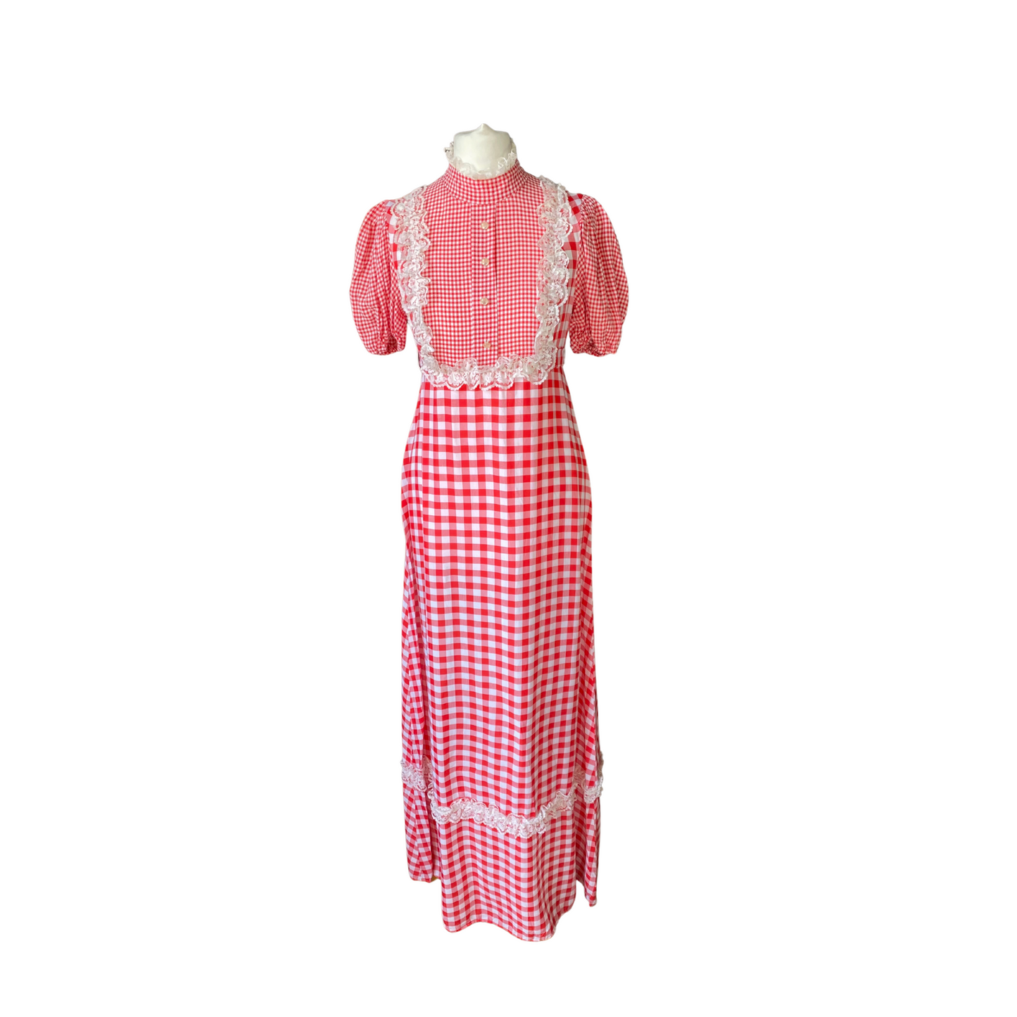 Red and white gingham vintage maxi dress with short puffed sleeves . White lace detail on the bodice and the hem