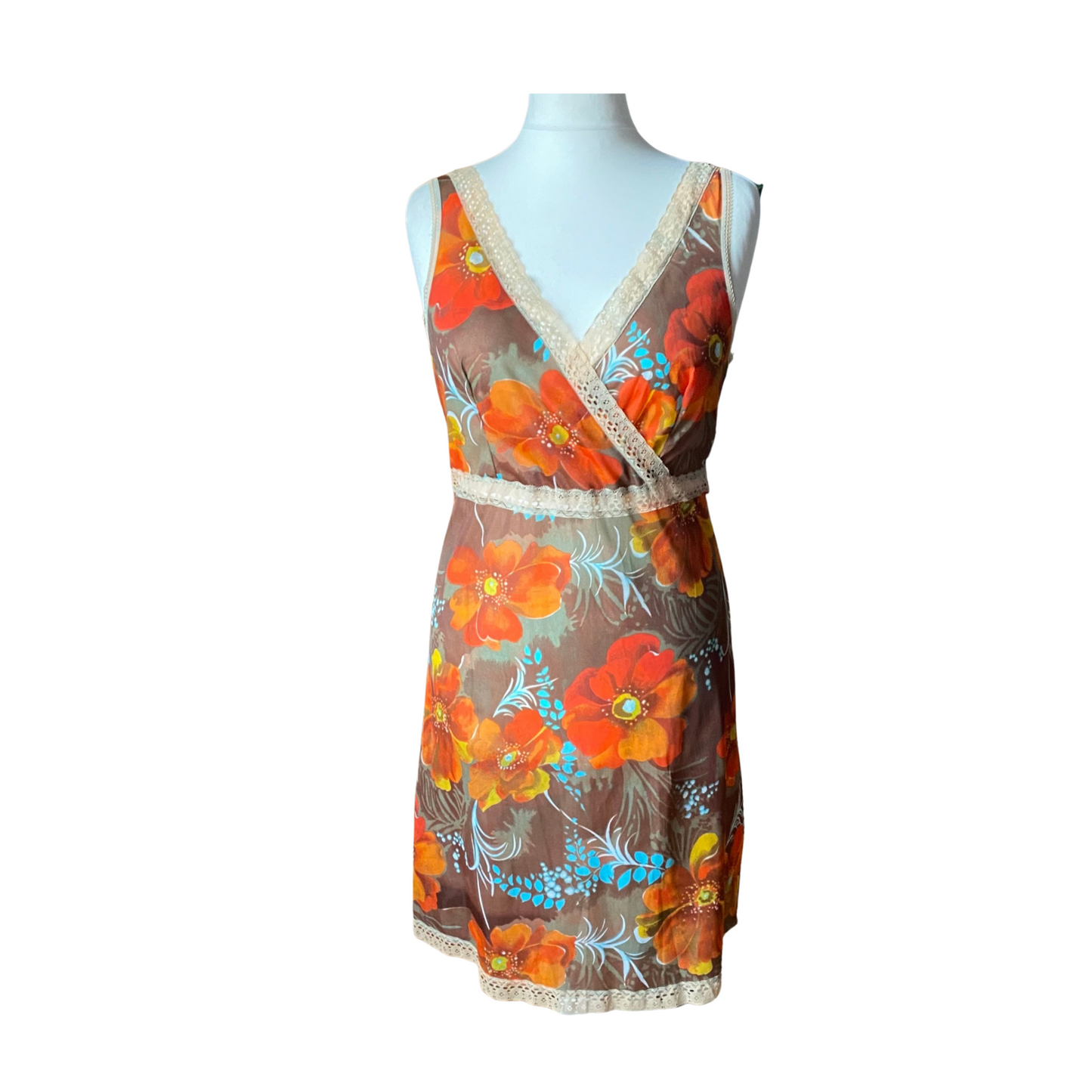 70s orange flower print, lace trimmed slip dress. Approx UK size 18-20