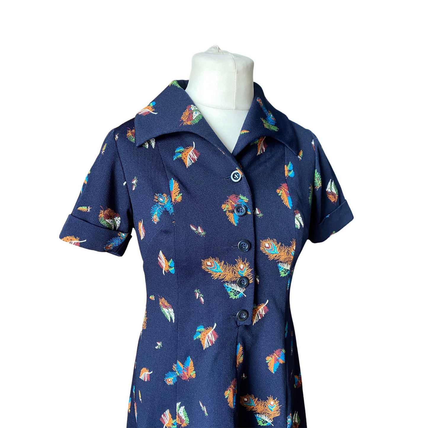 60s A line navy blue, feather print mini dress  Approx UK size 10-12
