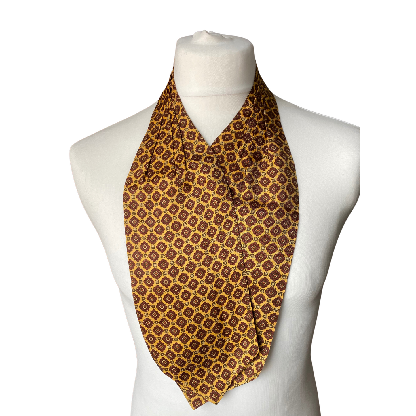 Mod style yellow, red and black abstract floral print vintage cravat by British brand Duggie