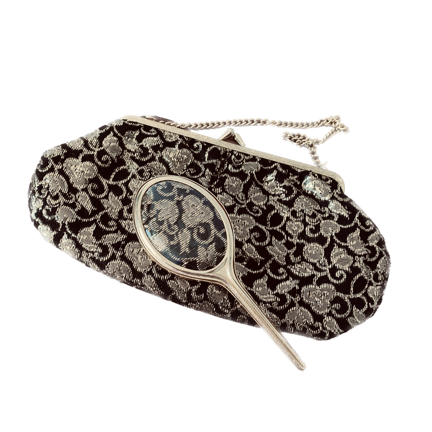 60s black and gold sparkly floral print handbag with matching mini hand mirror. Great gift idea.