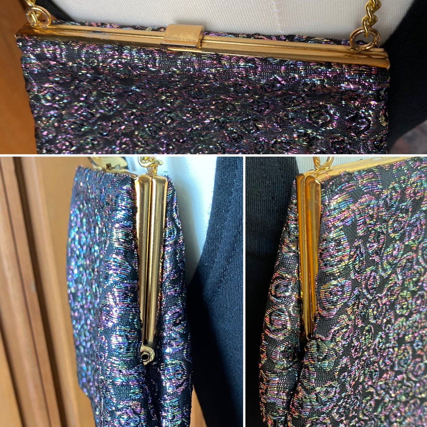 Vintage sparkly rainbow floral fabric evening bag with gold clip frame. Perfect Christmas accessory. Gift idea
