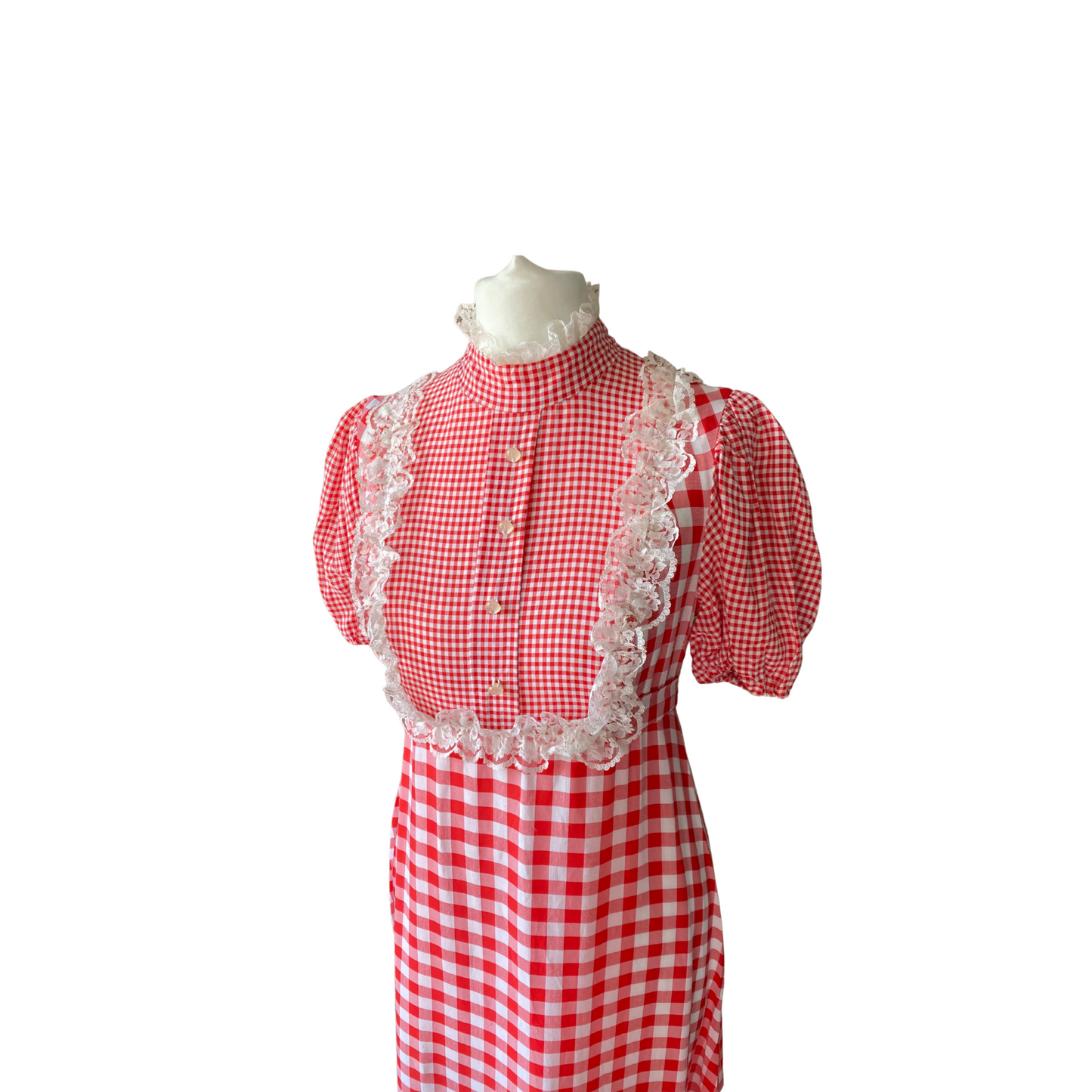 70s red and white gingham, puffed sleeved maxi dress. Approx U.K. size 8