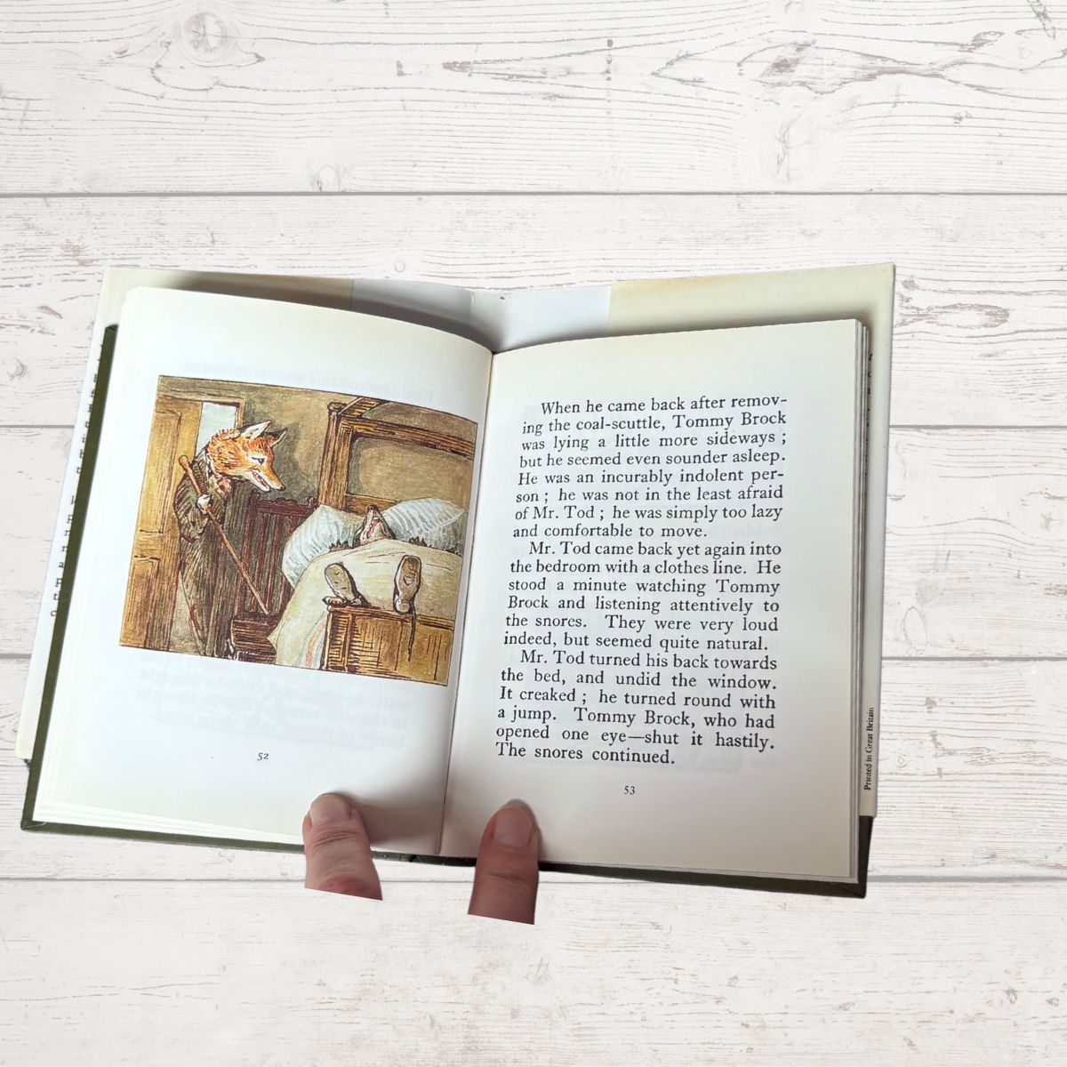 Open book with a fox illustration on a wooden surface