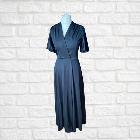 70s Black Maxi Dress with Short Angel Sleeves by Betty Barclay. Approx UK size 10-12