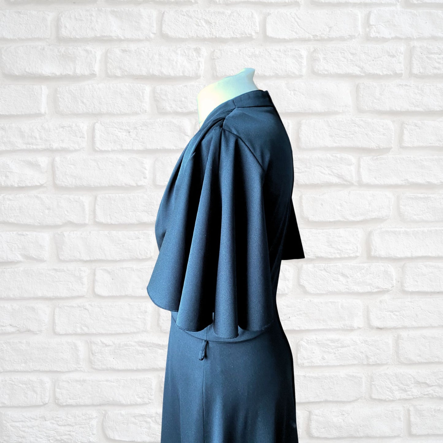 70s Black Maxi Dress with Short Angel Sleeves by Betty Barclay. Approx UK size 10-12