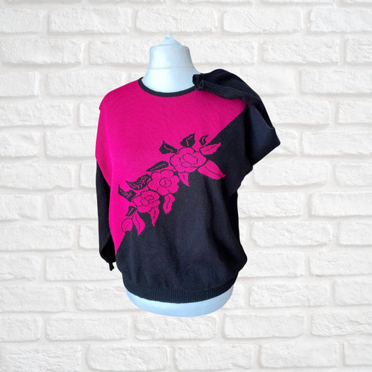 Bright cerise pink and black 80s floral jumper - front view