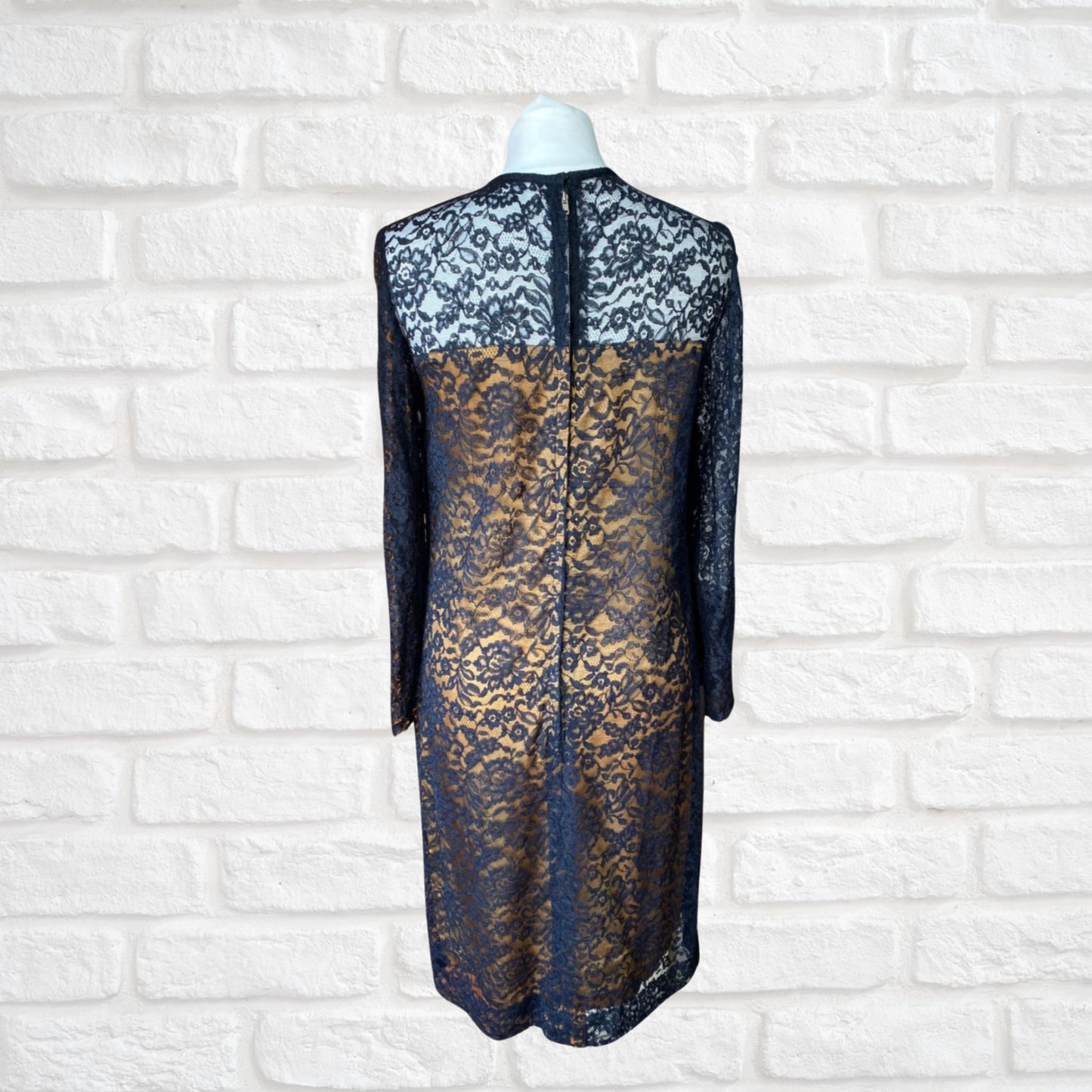 60s Vintage Black Lace Long Sleeved Shift Dress. Approx U.K. size 8-10