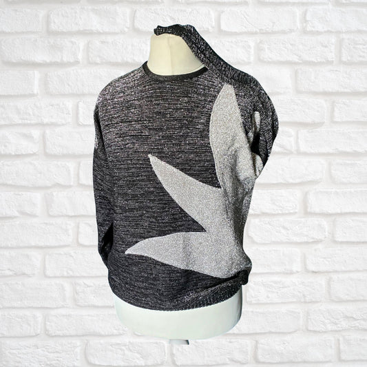 80s Black and Silver Sparkly Star Design Vintage Jumper. Approx UK size 14-18.