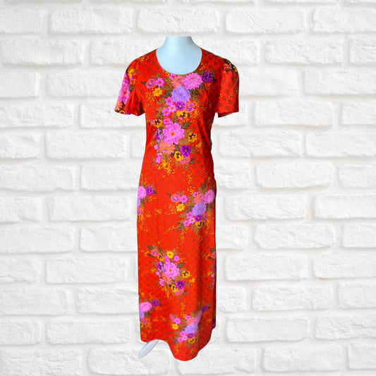 90s Orange Vibrant Floral Cotton Vintage Maxi Dress. Approx U.K. size 6-8