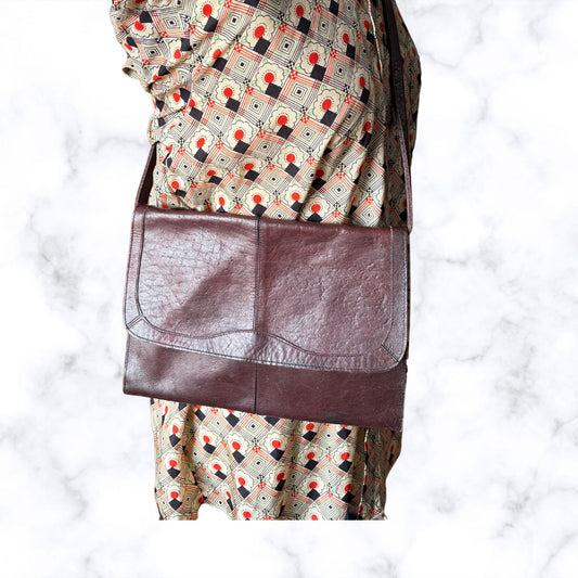 Vintage 80s Burgundy Brown Envelope Bag with Detachable Cross Body Strap