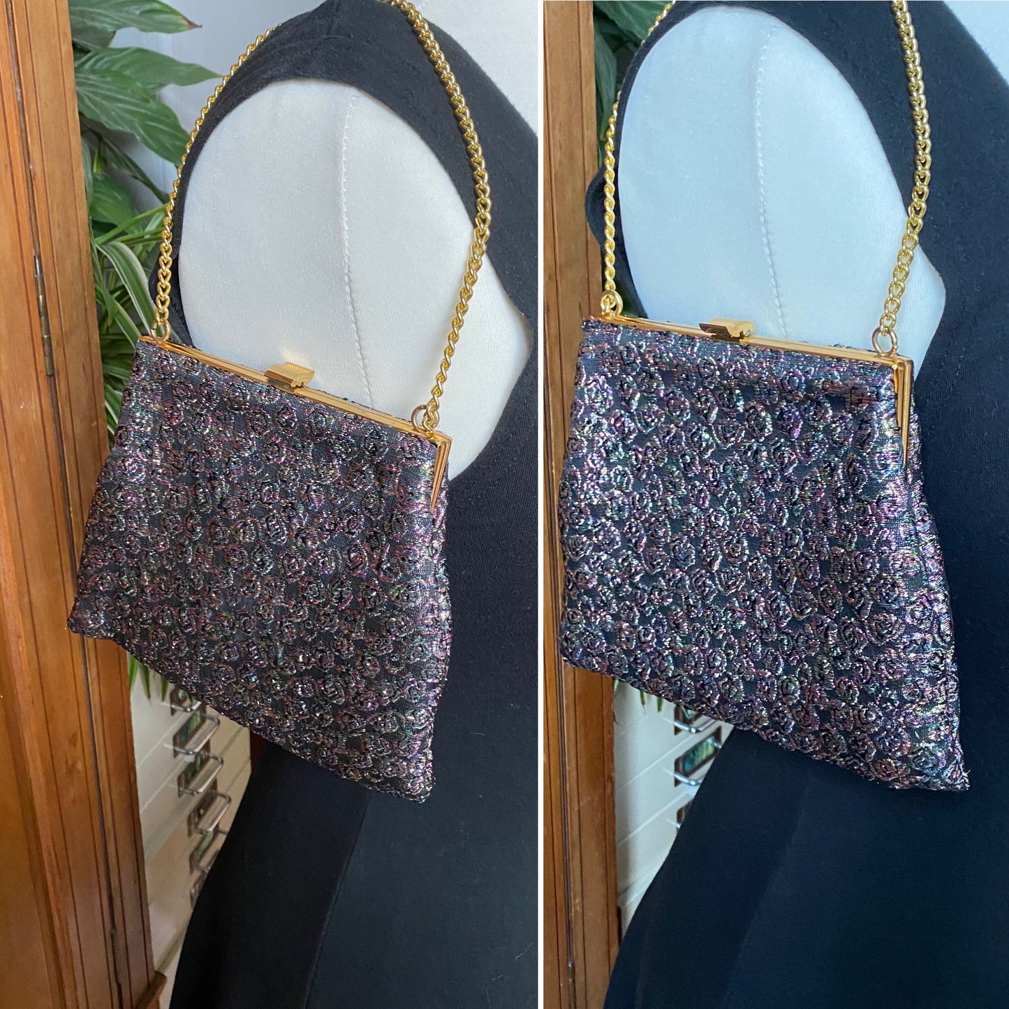Vintage sparkly rainbow floral fabric evening bag with gold clip frame. Perfect Christmas accessory. Gift idea