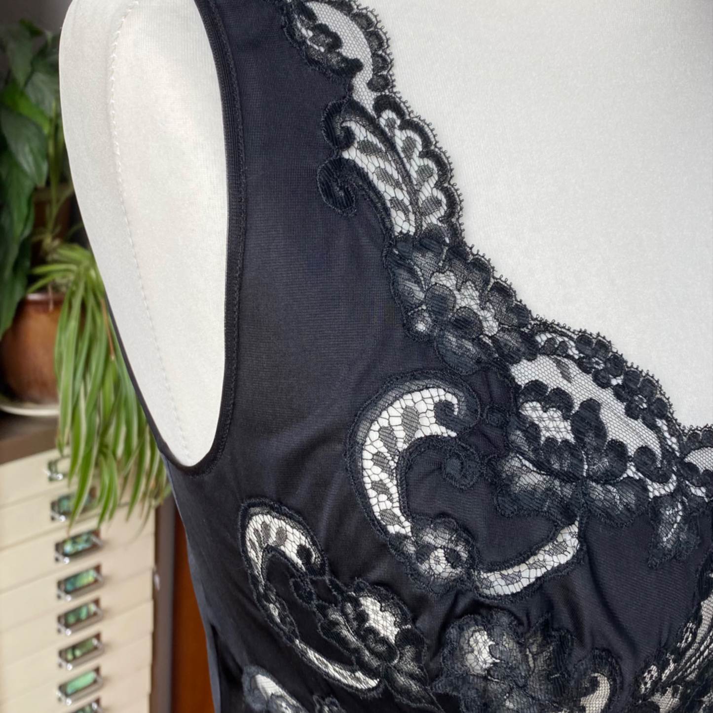 60s black lace trimmed silky Italian slip. Approx U.K. size 12-14