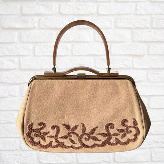 Vintage 1950s Tan Wool Felt Handbag with Lucite Handle - Charles S Kahn Inc, Florida