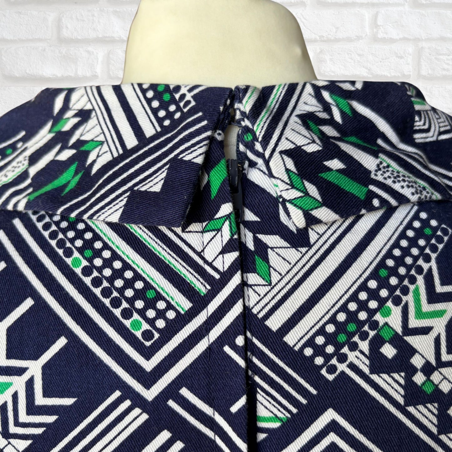 60s/70s Navy Blue Geometric Print A-Line Mini Dress. Approx UK size 10-12