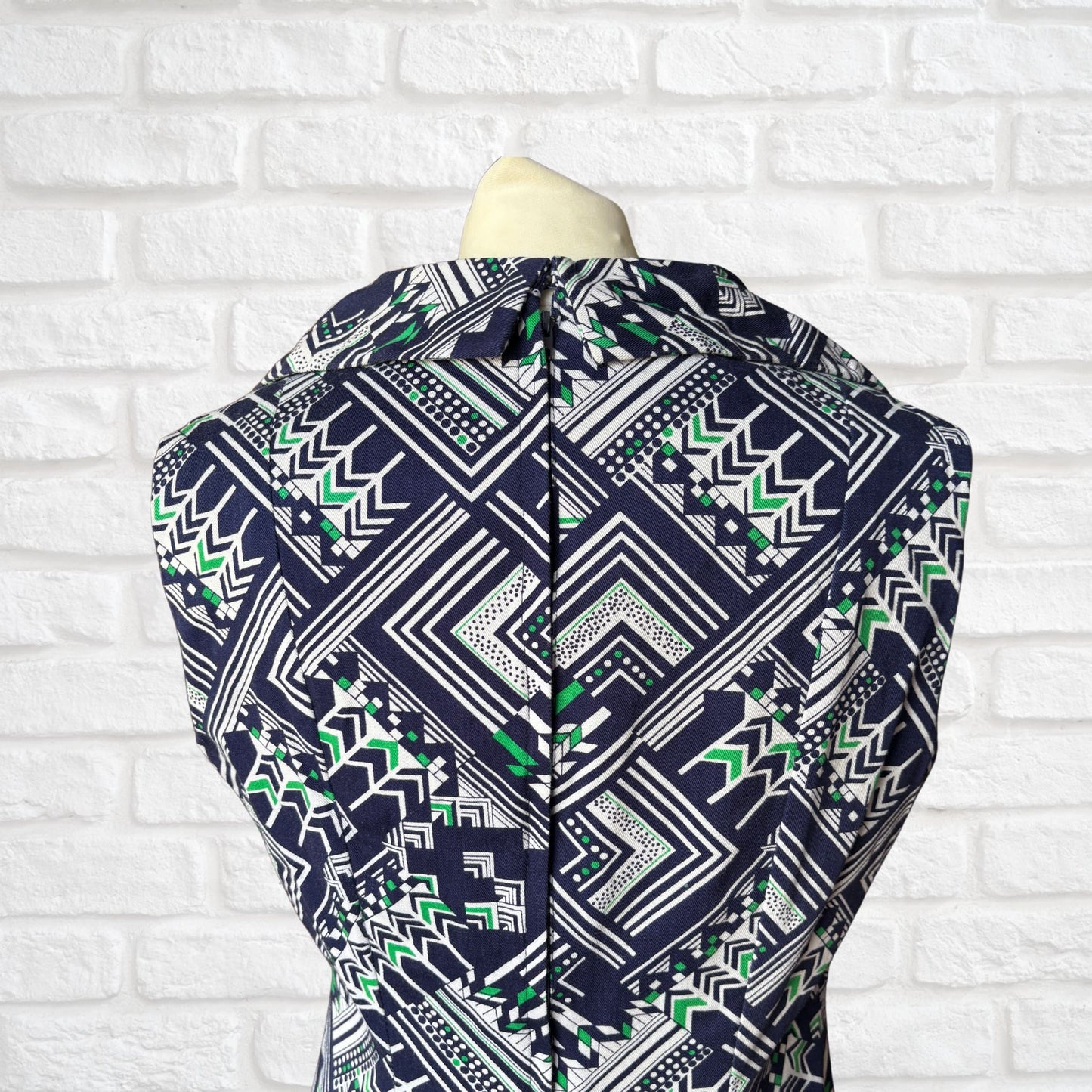 60s/70s Navy Blue Geometric Print A-Line Mini Dress. Approx UK size 10-12