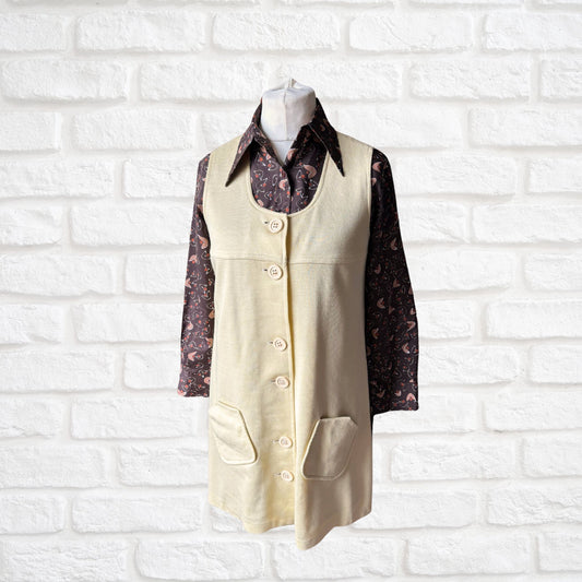 60s Cream Button Down Vintage Mini Pinafore Dress . Approx UK size  12-14