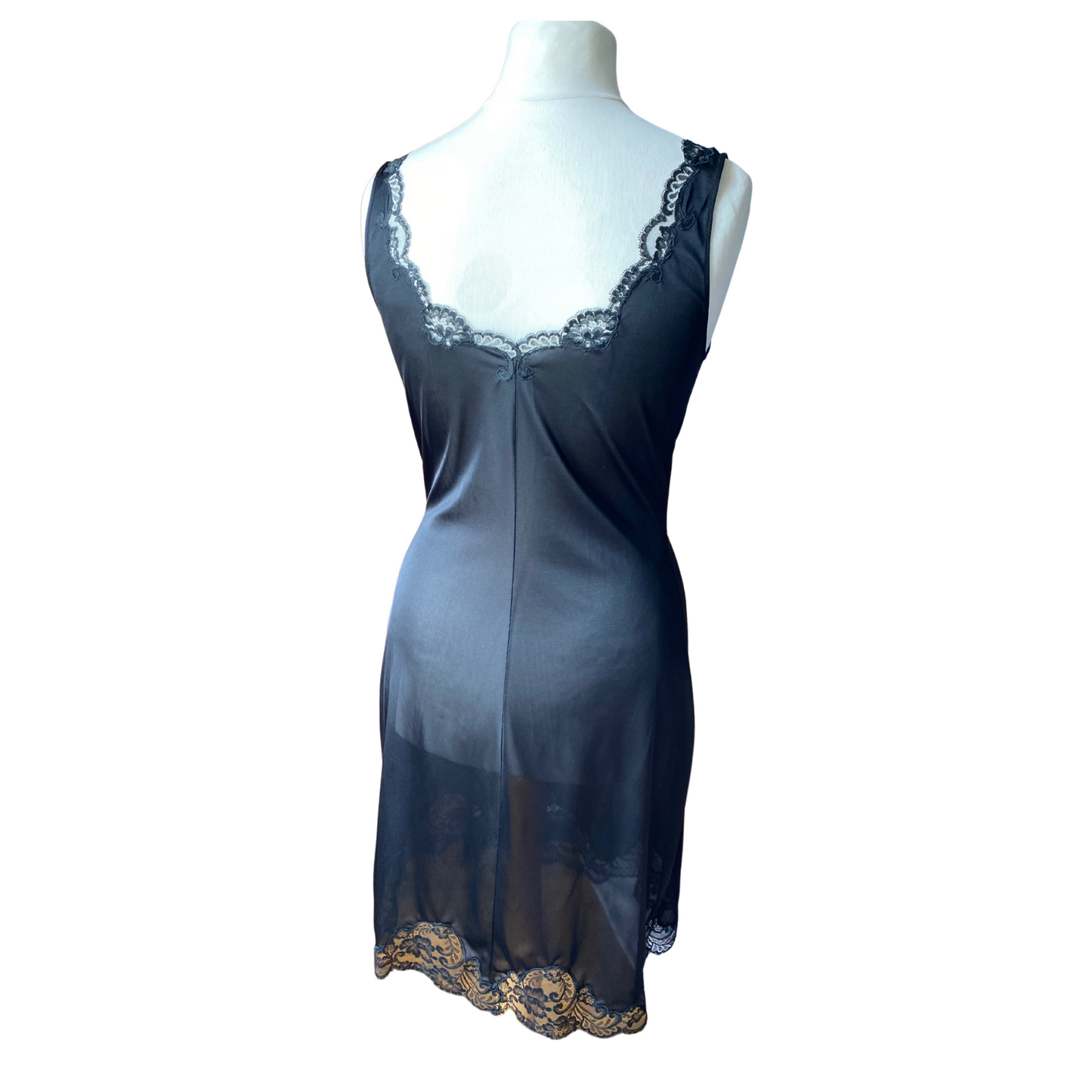 60s black lace trimmed silky Italian slip. Approx U.K. size 12-14