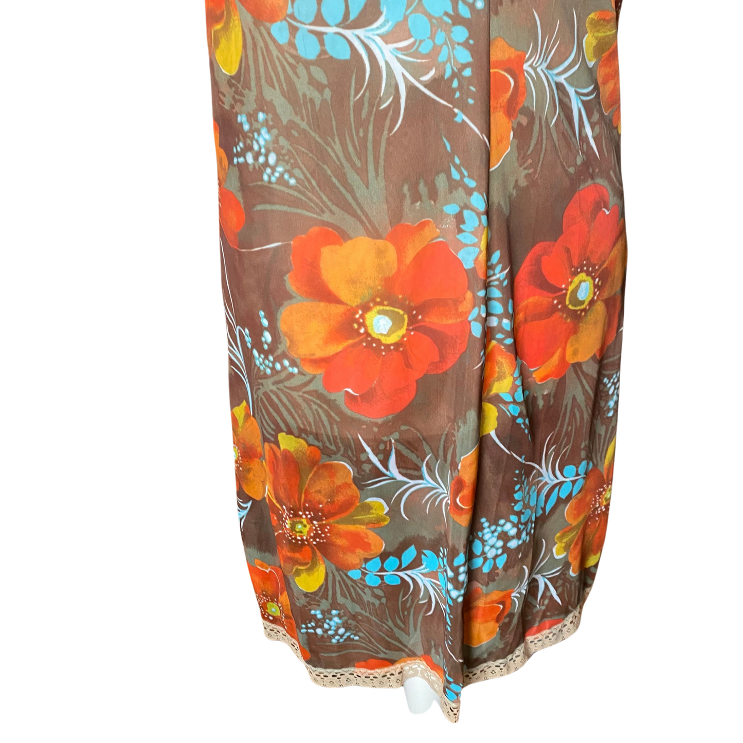 70s orange flower print, lace trimmed slip dress. Approx UK size 18-20