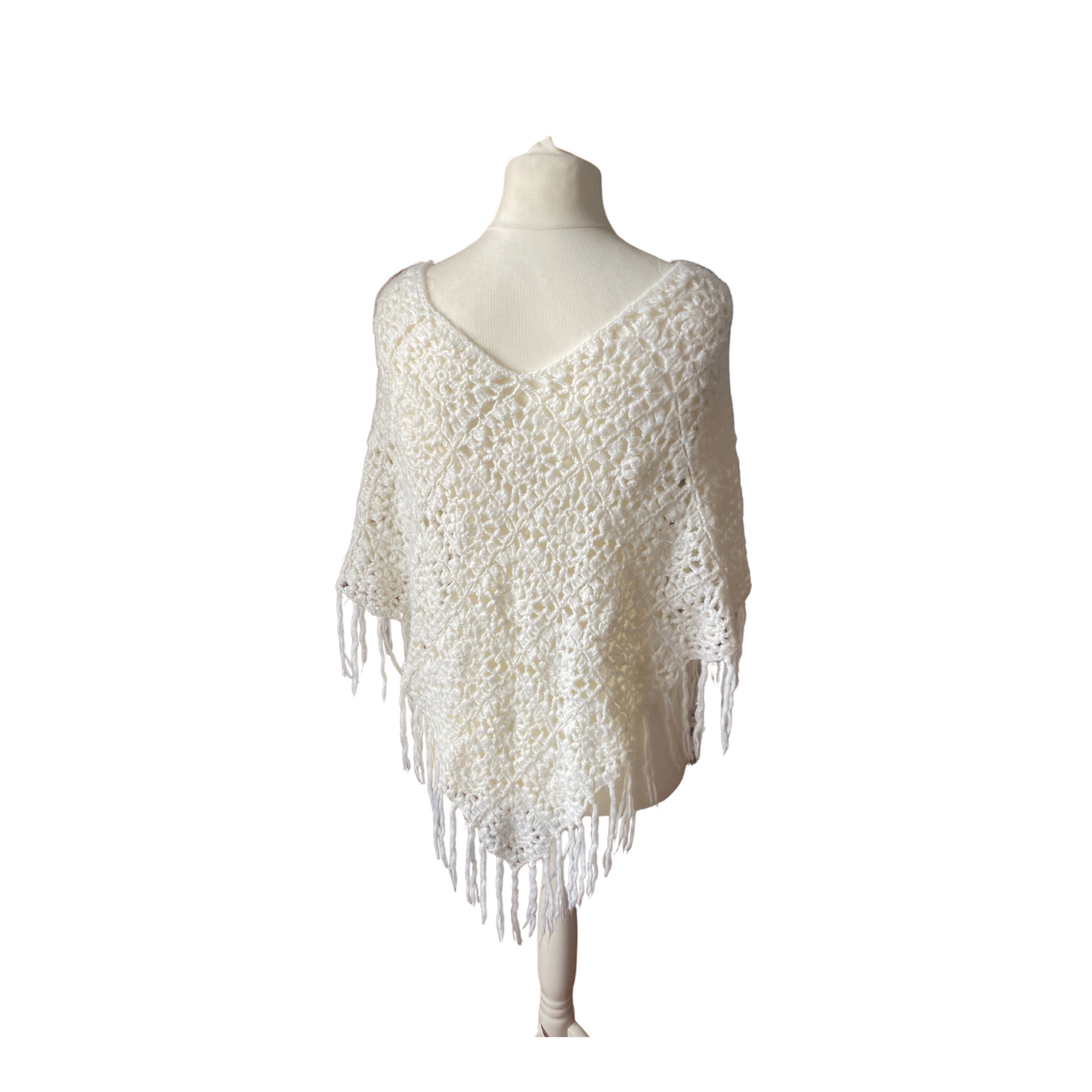 Vintage Cream Crochet Fringed Poncho - Perfect 70s Cover-Up. Approx UK size 10-16